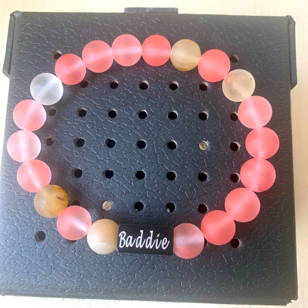 Natural matte watermelon gemstone stretchable stone beaded “baddie” bracelet